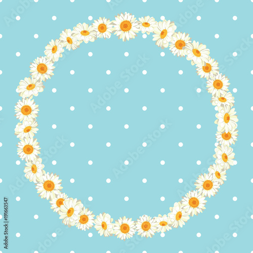 Chamomile pattern on blue polka dot background. Daisy chain. Round frame for your text or photo.