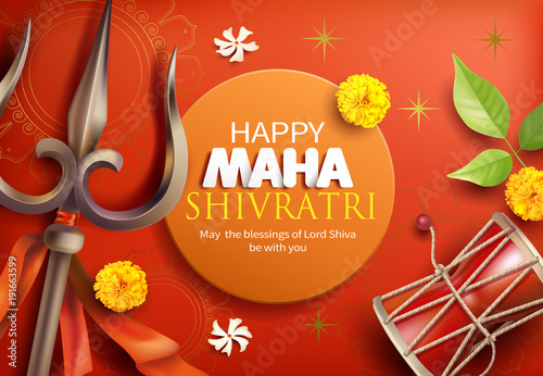 Greeting card with trishula, damru, bilva leaves, zendu and parijat flowers for Maha Shivratri, a Hindu festival celebrated of Shiva Lord. Vector illustration.