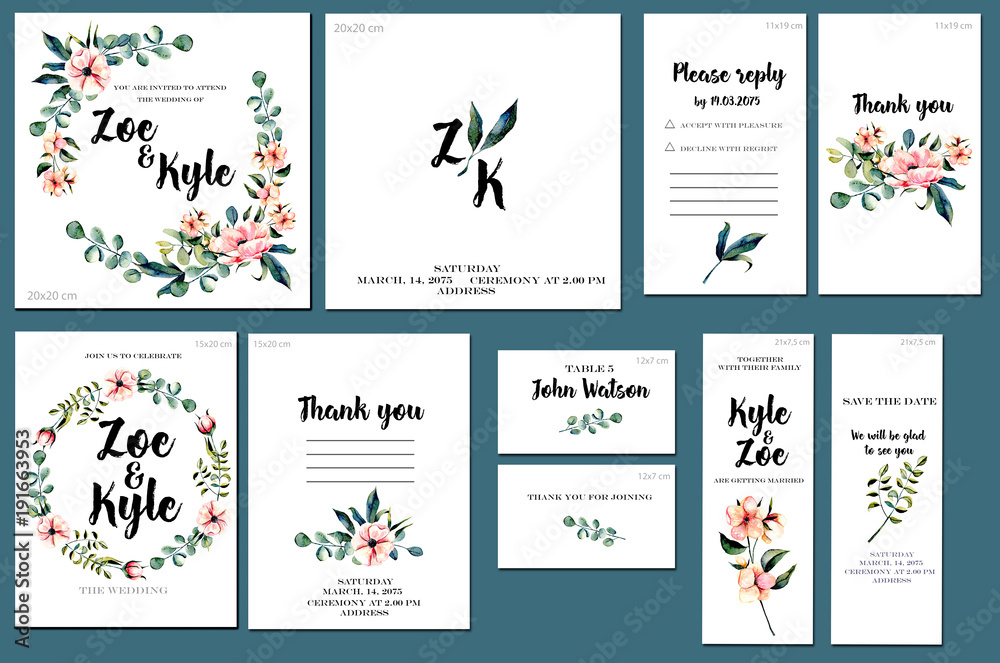 Card templates set with watercolor pink flowers and eucalyptus branches background; artistic design for business, wedding, anniversary invitation, flyers, brochures, table number, RSVP, Thank you card