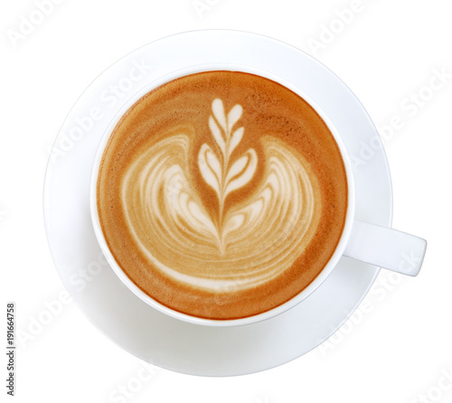 Top view of hot coffee cappuccino latte art isolated on white background, clipping path included