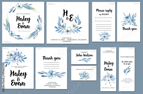 Card templates set with watercolor blue flowers and leaves background; artistic design for business, wedding, anniversary invitation, flyers, brochures, table number, RSVP, Thank you card
