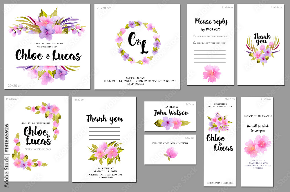 Card templates set with pink and purple watercolor wild roses background; artistic design for business, wedding, anniversary invitation, flyers, brochures, table number, RSVP, Thank you card