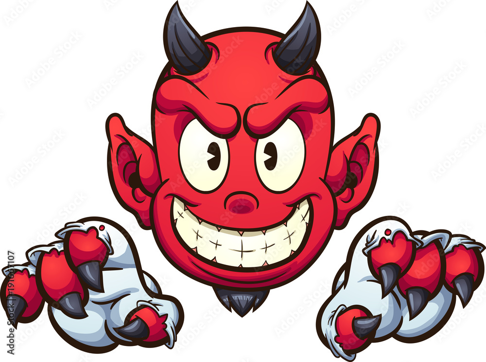 Cartoon devil with gloves. Vector clip art illustration with simple