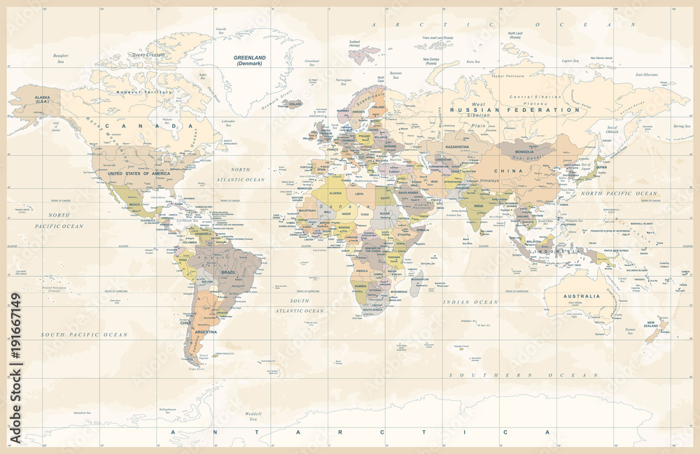 Fototapeta Polityczne kolorowe Vintage World Map 