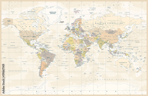 Political Colored Vintage World Map Vector