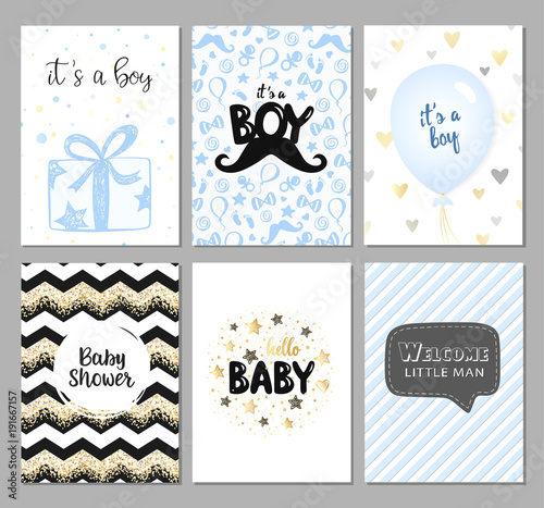 Vector set of baby shower cards. It's a boy card. Hello baby card. Welcome little man. Baby shower posters set. Vector invitation with cute pattern, balloon, gift. Baby arrival and shower collection.