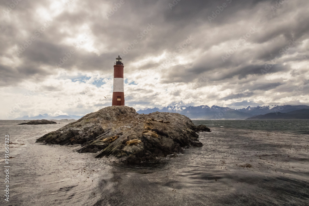 Les Eclaireurs lighthouse island in the middle of the Beagle Channel, close to Ushuaia city in Argentina. Tierra del Fuego Island, Patagonia.