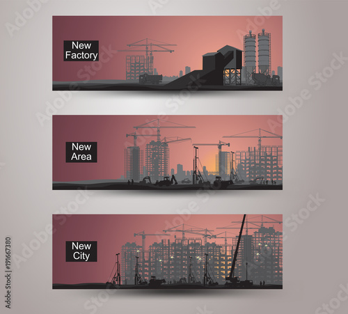 New city and factorys in the evening three horizontal banners