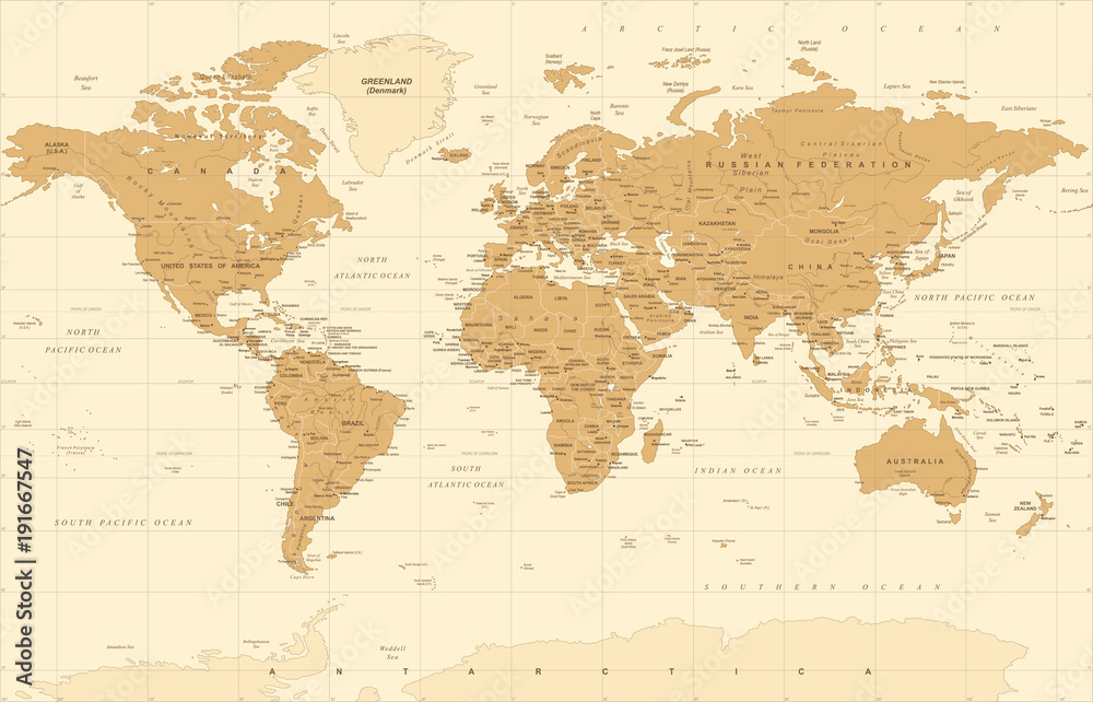 Naklejka Polityczny rocznik złoty świat mapa wektor