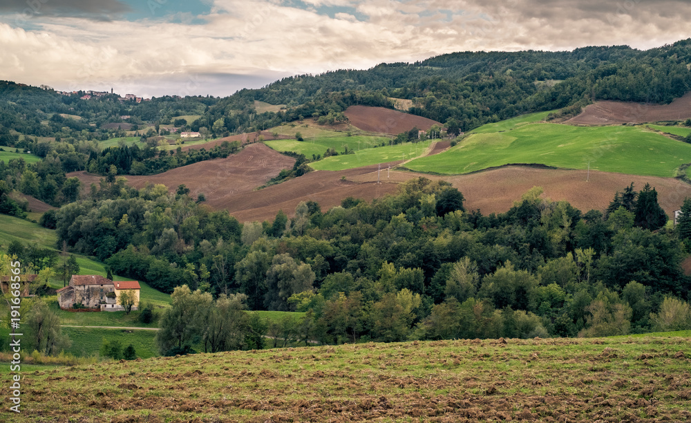 Cultivated land in northern Apennines near Bologna, Emilia-Romagna, Italy.