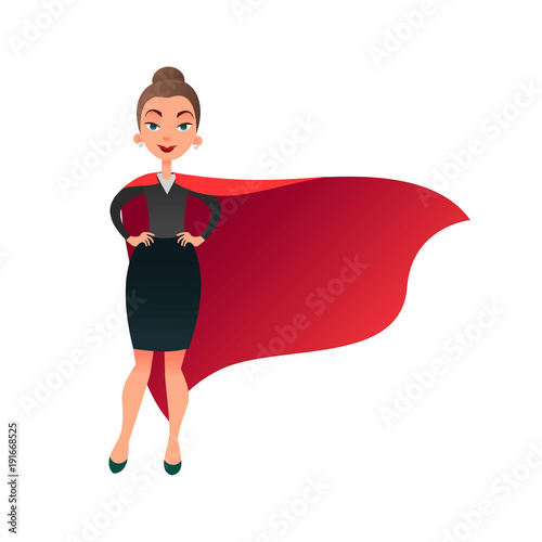 Woman superhero cartoon character. Wonder woman with cape of superman. Confident business lady focused on success. Flat beautiful female super hero