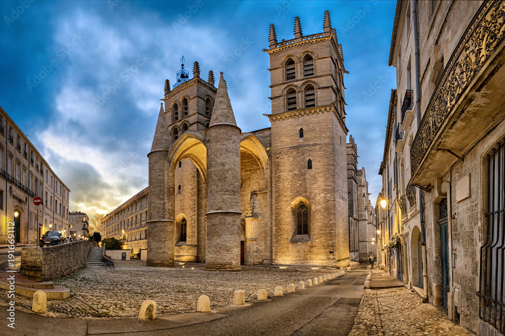 Gothic Cathedral of Saint Peter at dusk in Montpellier, Occitanie, France