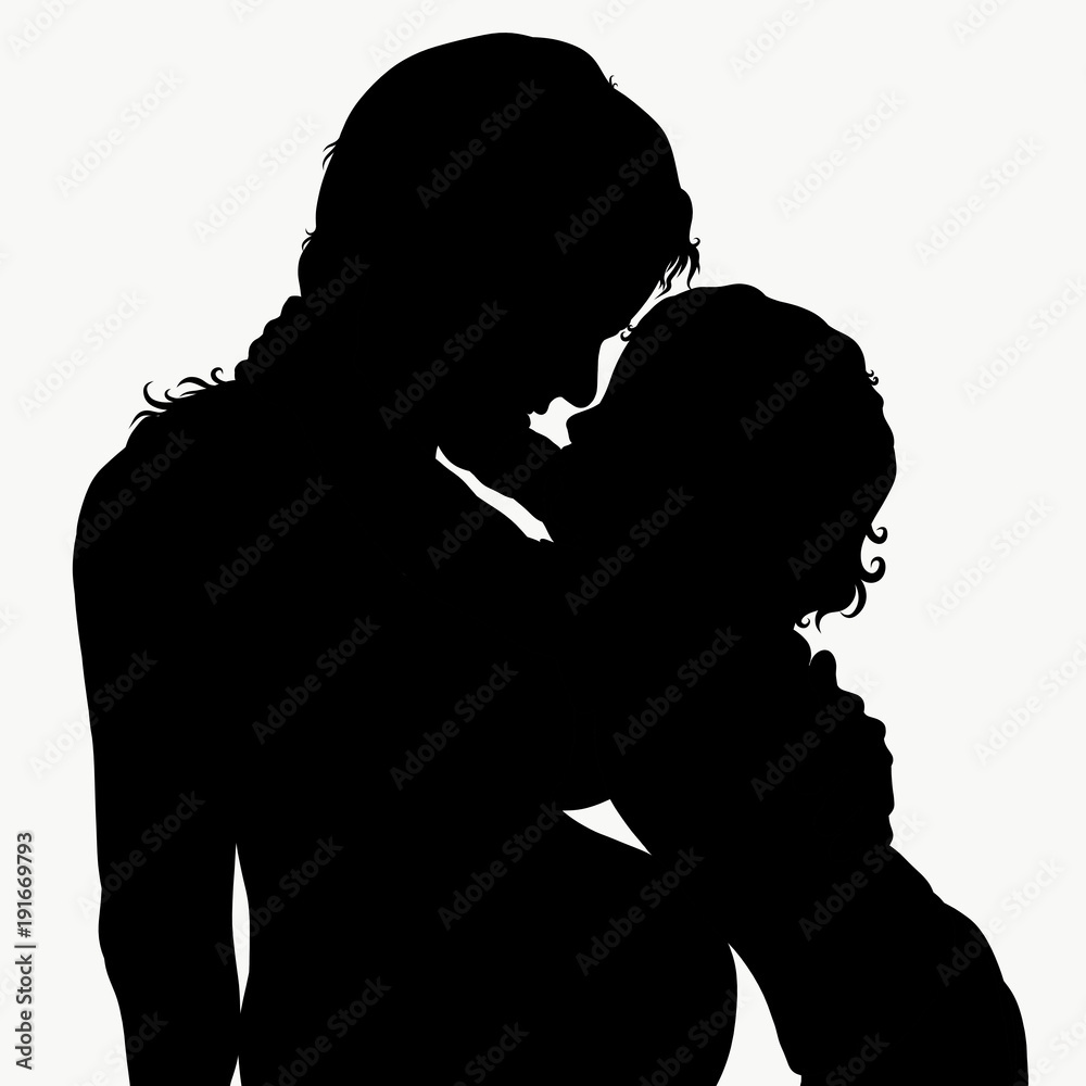 A small child is hugging his pregnant mother, a black silhouette