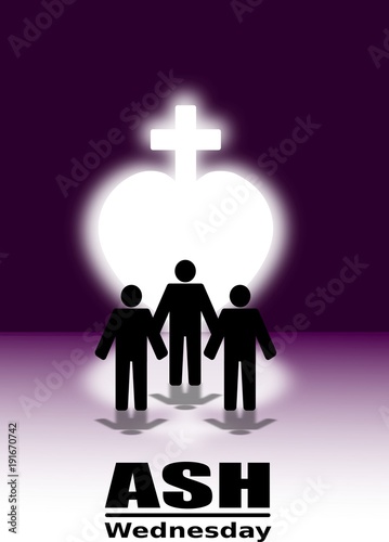 Ash Wednesday Poster Or Banner Background.white cross on a purple background with the silhouette of a man
