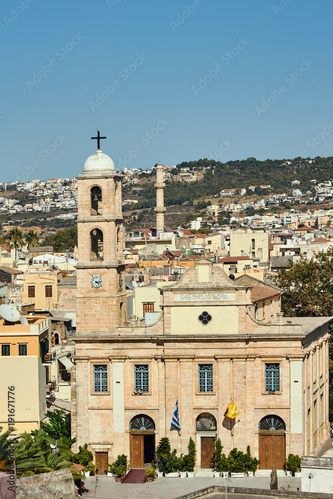 Church towers and minaret in Chania, on the island of Crete.