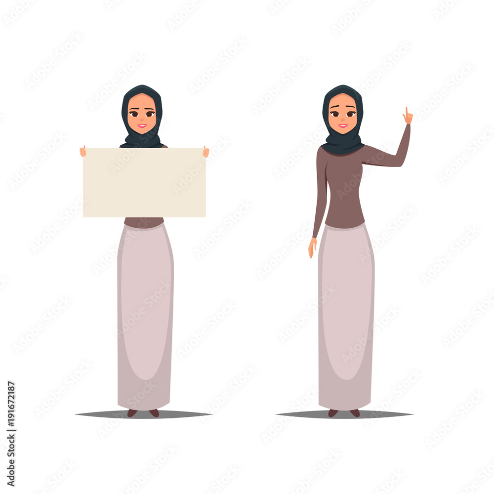 Cartoon business arab woman character with hijab. Smiling girl in hijab ...