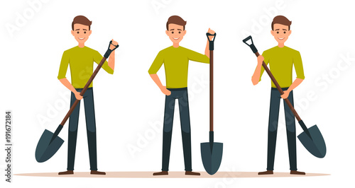 Set Cartoon Male vector character with a shovel. Cleaner boy is holding a shovel.Farmer in working  clothes with a shovel in hand. farming, gardening, agriculture and people concept