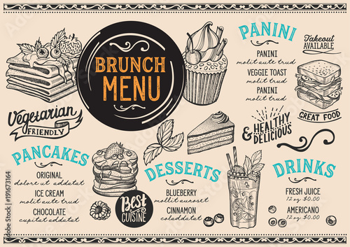 Brunch restaurant menu. Vector food flyer for bar and cafe. Design template with vintage hand-drawn illustrations.