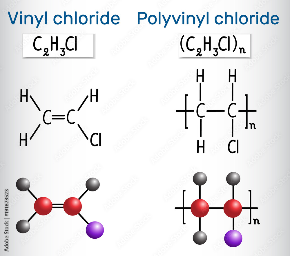 Polyvinyl chloride (PVC) and vinyl chloride monomer molecule. Structural chemical formula and molecule model Polyvinyl chloride (PVC) and vinyl chloride monomer molecule. Structural chemical formula and molecule model