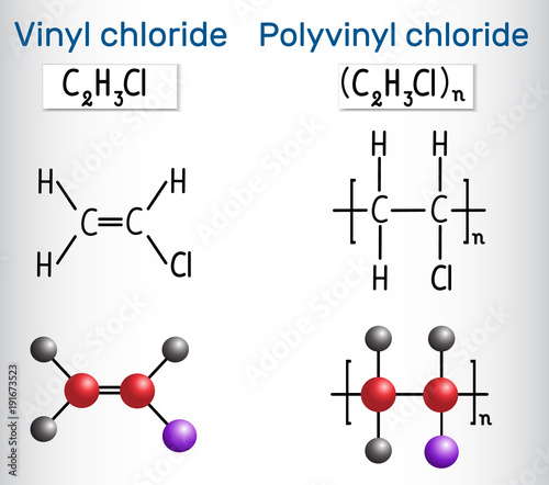 Polyvinyl chloride (PVC) and vinyl chloride monomer molecule. Structural chemical formula and molecule model photo