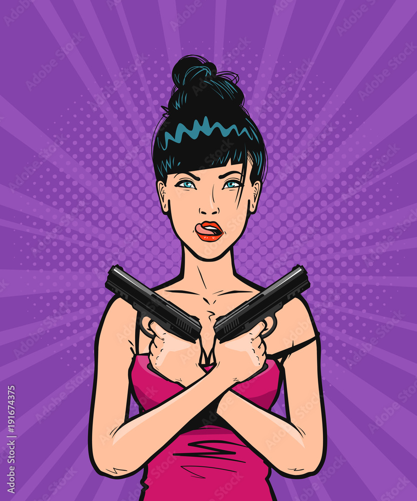 Beautiful Cool Girl Or Young Woman With Gun In His Hand Pop Art Retro