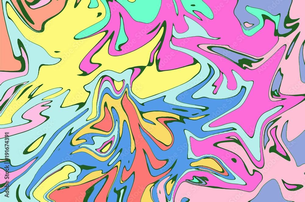 Pink yellow digital marbling texture. Abstract marbled backdrop. Liquid paint abstraction.