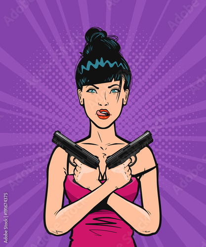 Beautiful cool girl or young woman with gun in his hand. Pop art retro comic style. Cartoon vector illustration