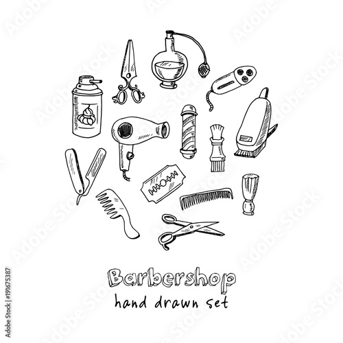 Hand drawn doodle barbershop set.