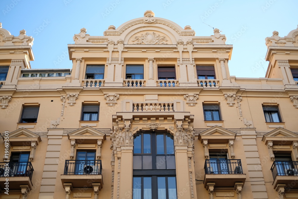 Facade of old architecture in Madrid, Spain