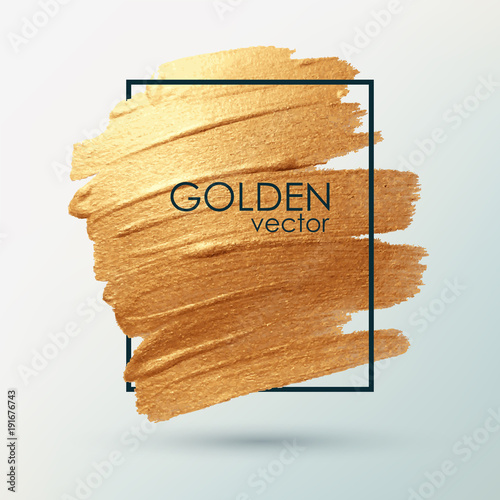 Smear with an artistic brush. Gold grunge texture in a frame. A brilliant festive pattern. White background. Vector abstract image. A high resolution.