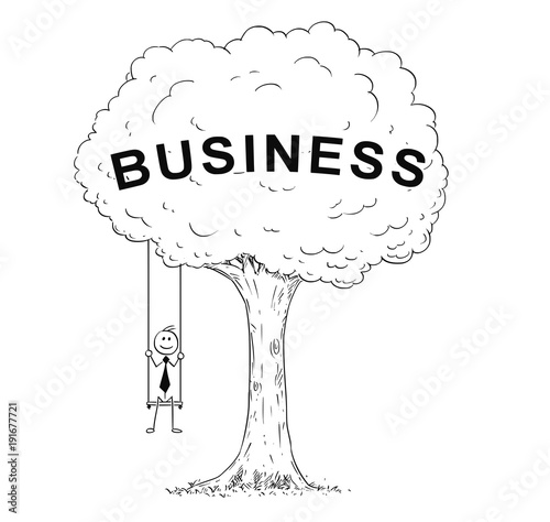 Cartoon stick man drawing conceptual illustration of happy businessman sitting on the tree swing hanging on the branch. Concept of business success.
