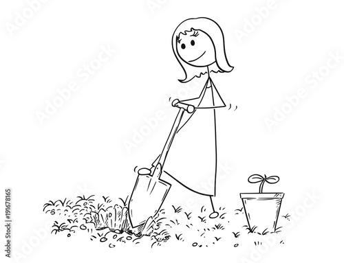 Cartoon stick man drawing illustration of gardener on garden digging a hole for plant with shovel or spade.