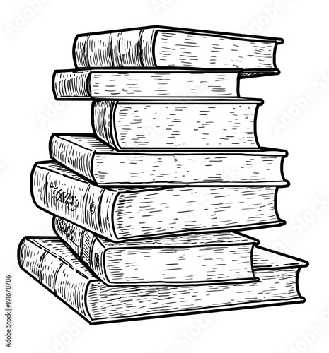 Stack of books illustration, drawing, engraving, ink, line art, vector