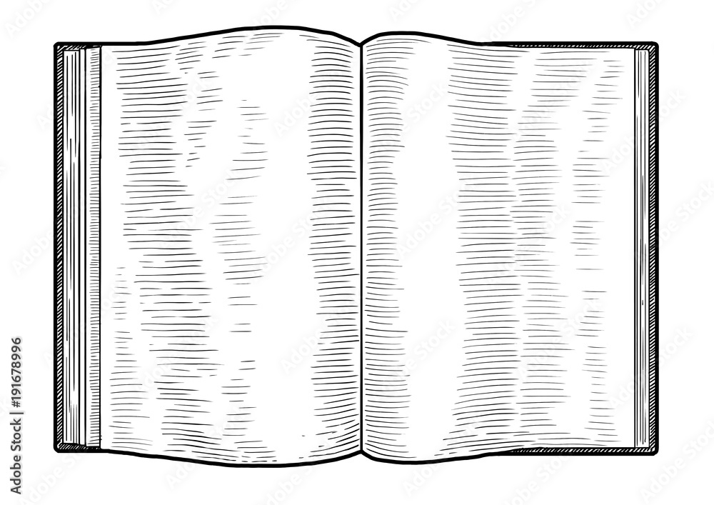 Fototapeta premium Open book illustration, drawing, engraving, ink, line art, vector