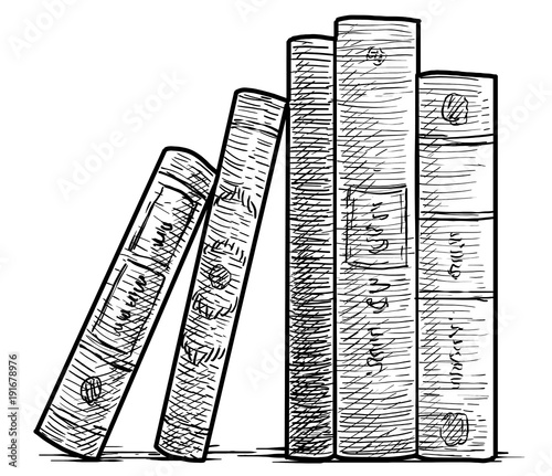 Books in a row illustration, drawing, engraving, ink, line art, vector
