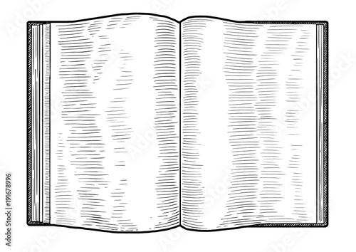 Open book illustration, drawing, engraving, ink, line art, vector