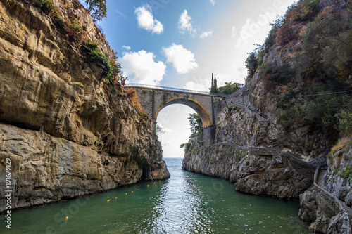 Furore is a fjord bay on Amalfi coast with the bridge over the sea