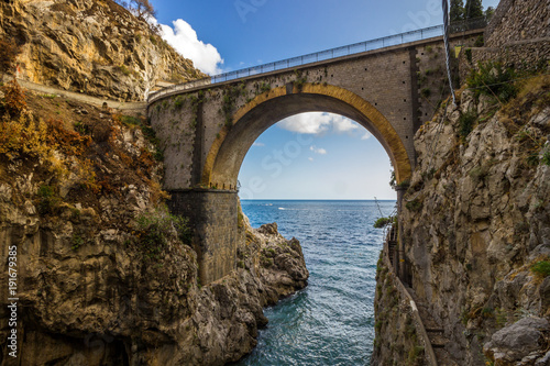 Furore is a fjord bay on Amalfi coast with the bridge over the sea