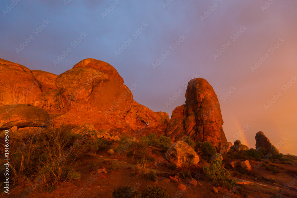 Dramatic light and storm scenery in the Arches National Park, Utah in summer