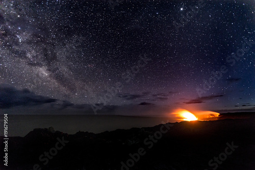 Lava Entering Ocean Under Milky Way
