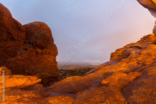 Evening storm and beautiful cloudscape in the Arches National Park  Utah