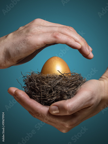 Female hands carefully hold the nest with a golden egg. The concept of saving and increasing savings.