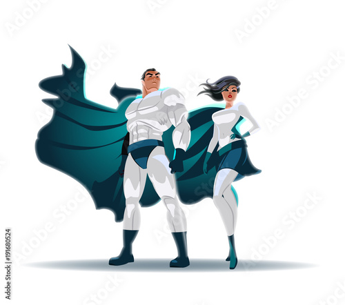 Superhero Couple: Male and female superheroes, posing in front of a light. Isolated