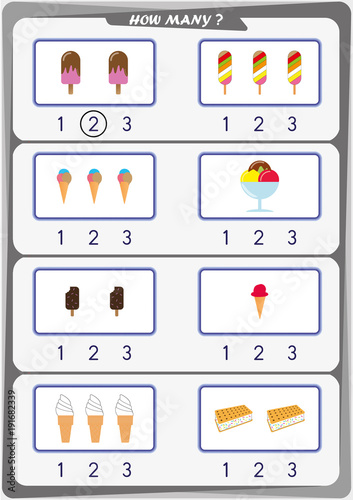 worksheet for kids, Count the number of objects, Learn the numbers 1, 2, 3,