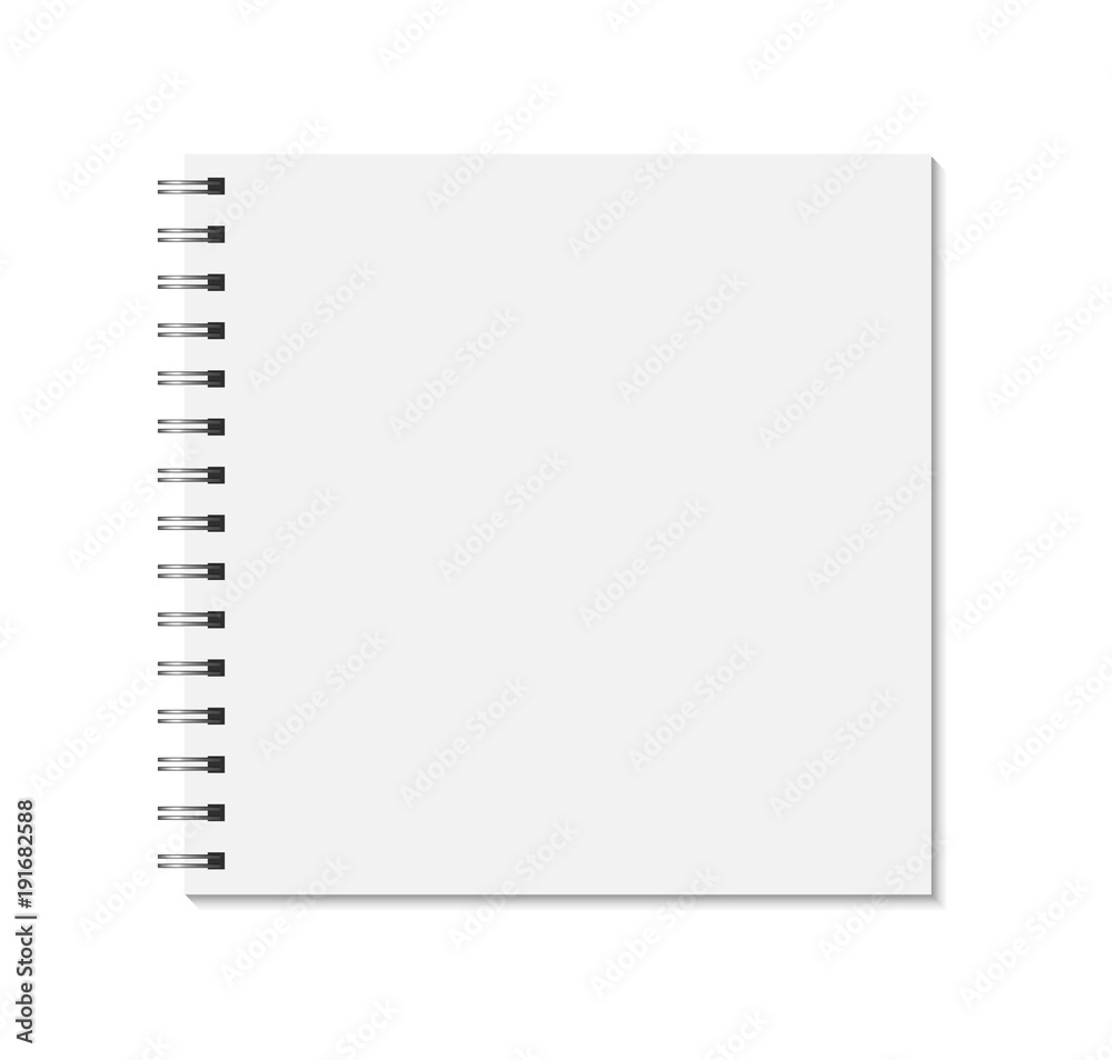 Square notebook mock up isolated on white background. Blank pages, copybook with metal spiral template. Realistic closed notebook vector illustration. Square notebook mock up isolated on white background. Blank pages, copybook with metal spiral template. Realistic closed notebook vector illustration.
