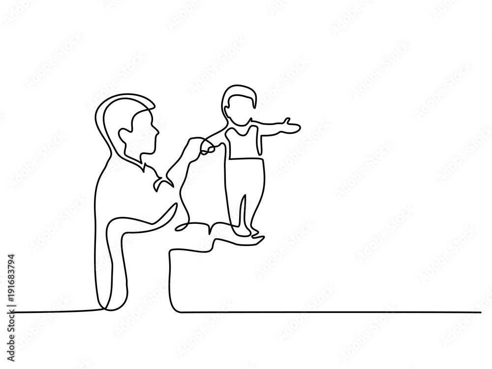 Continuous line drawing. Father holding happy son up in air. Vector illustration