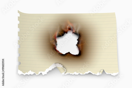 Hole torn in ripped burnt and flame on transparent