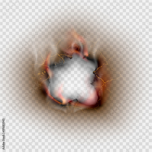 Hole torn in ripped burnt and flame on transparent