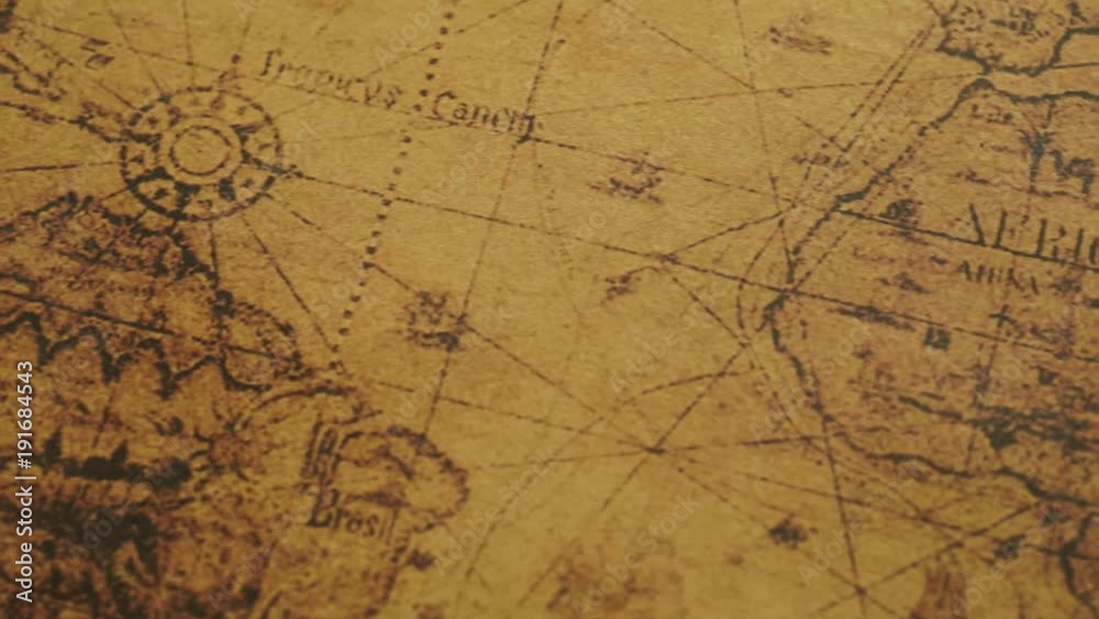 JAKARTA - Indonesia. February 08, 2018: Closeup of retro world map of South America, Atlantic oceans, and Africa with compass