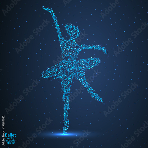 Silhouette dancing girl ballerina. Abstract image of a polygonal triangle model.Starry sky. Low poly design. Vector EPS 10.